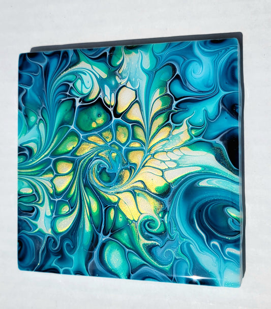 Fluid Art Bloom on a 4.25 inch Tile/Coaster with Cork Bottom