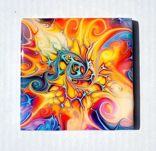 Fluid Art Bloom on a 4.25 inch Tile/Coaster with Cork Bottom