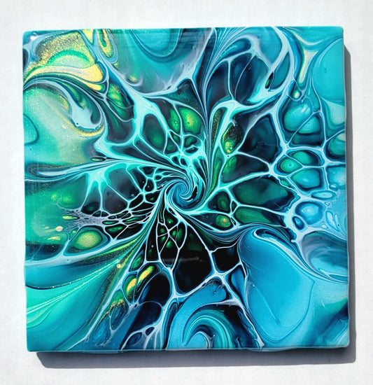 Fluid Art Bloom on a 4.25 inch Tile/Coaster with Cork Bottom