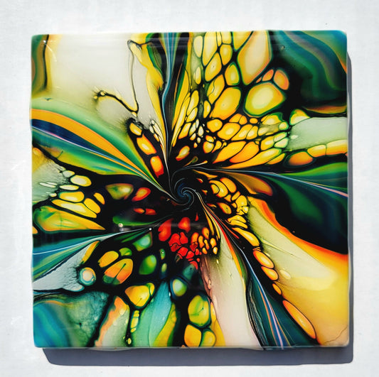 Fluid Art Bloom on a 4.25 inch Tile/Coaster with Cork Bottom