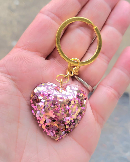 Handmade Sparkling Pink Heart Pendant on Gold Keychain