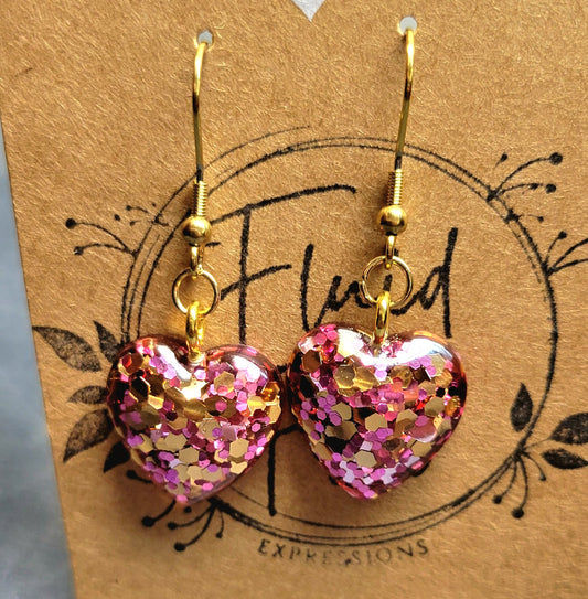 Handmade Sparkling Pink Heart Earrings on Gold Hooks
