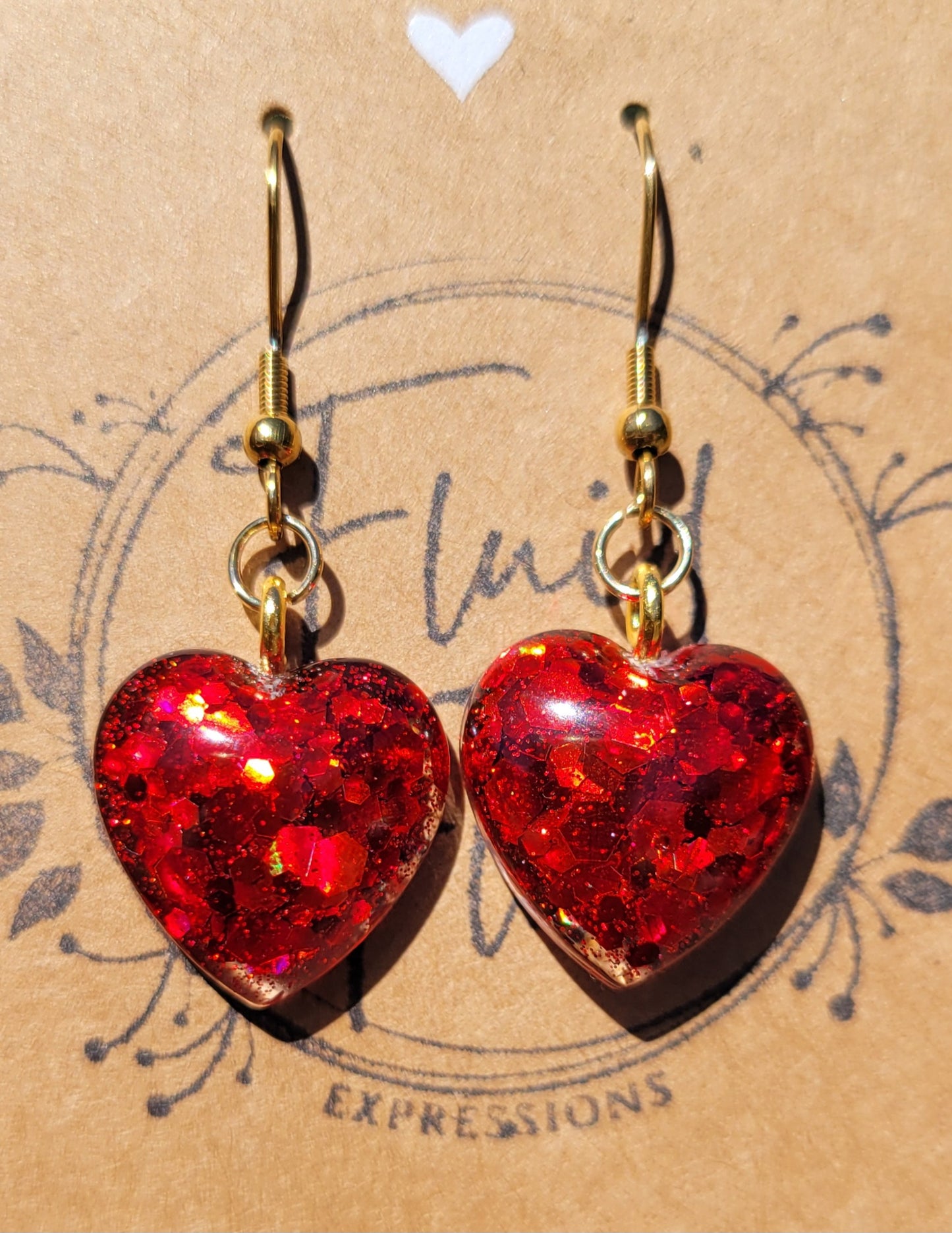 Handmade Sparkling Red Heart Earrings on Gold Hooks