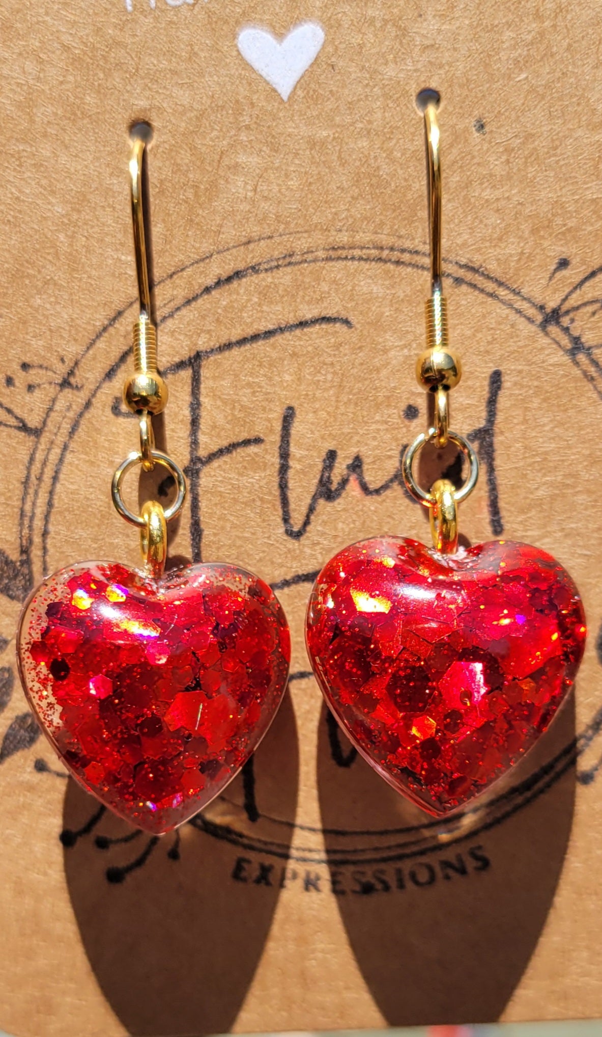 Handmade Sparkling Red Heart Earrings on Gold Hooks