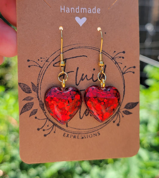Handmade Sparkling Red Heart Earrings on Gold Hooks
