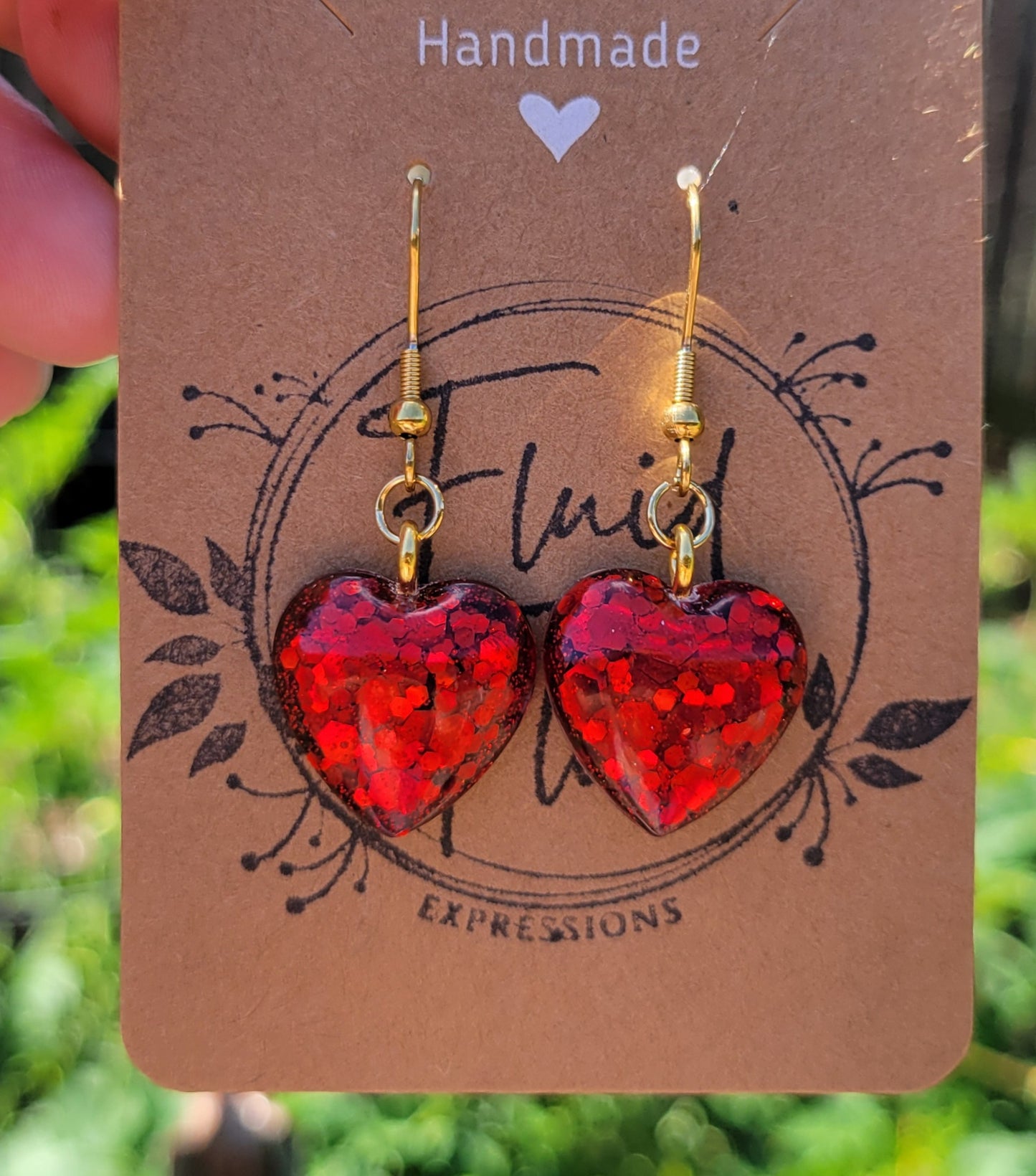 Handmade Sparkling Red Heart Earrings on Gold Hooks