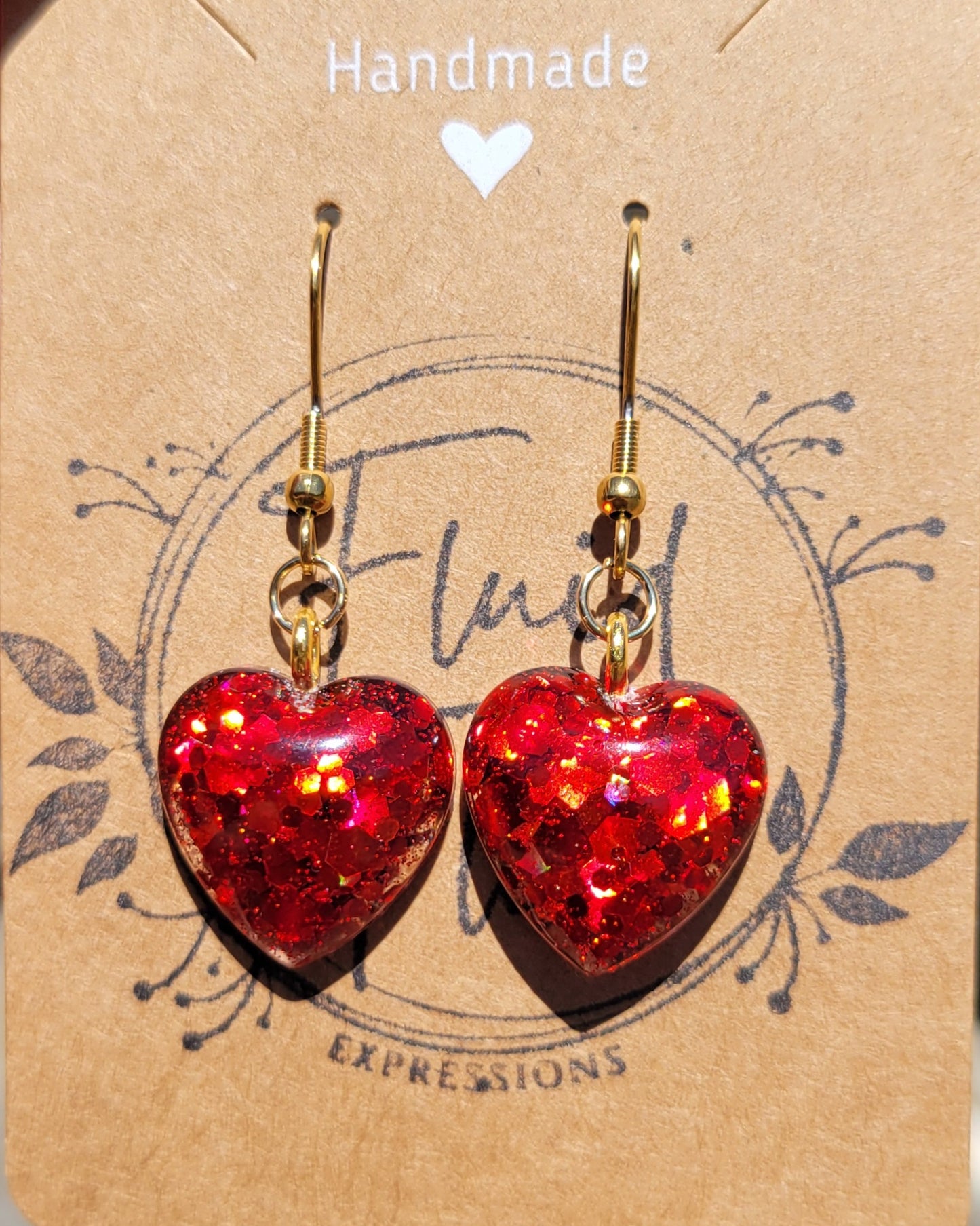Handmade Sparkling Red Heart Earrings on Gold Hooks