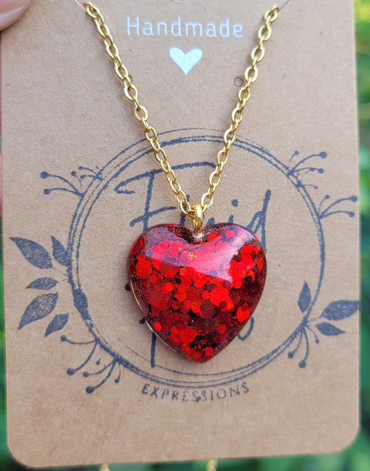 Handmade Sparkling Red Heart Pendant with Gold 20 Inch  Necklace Chain