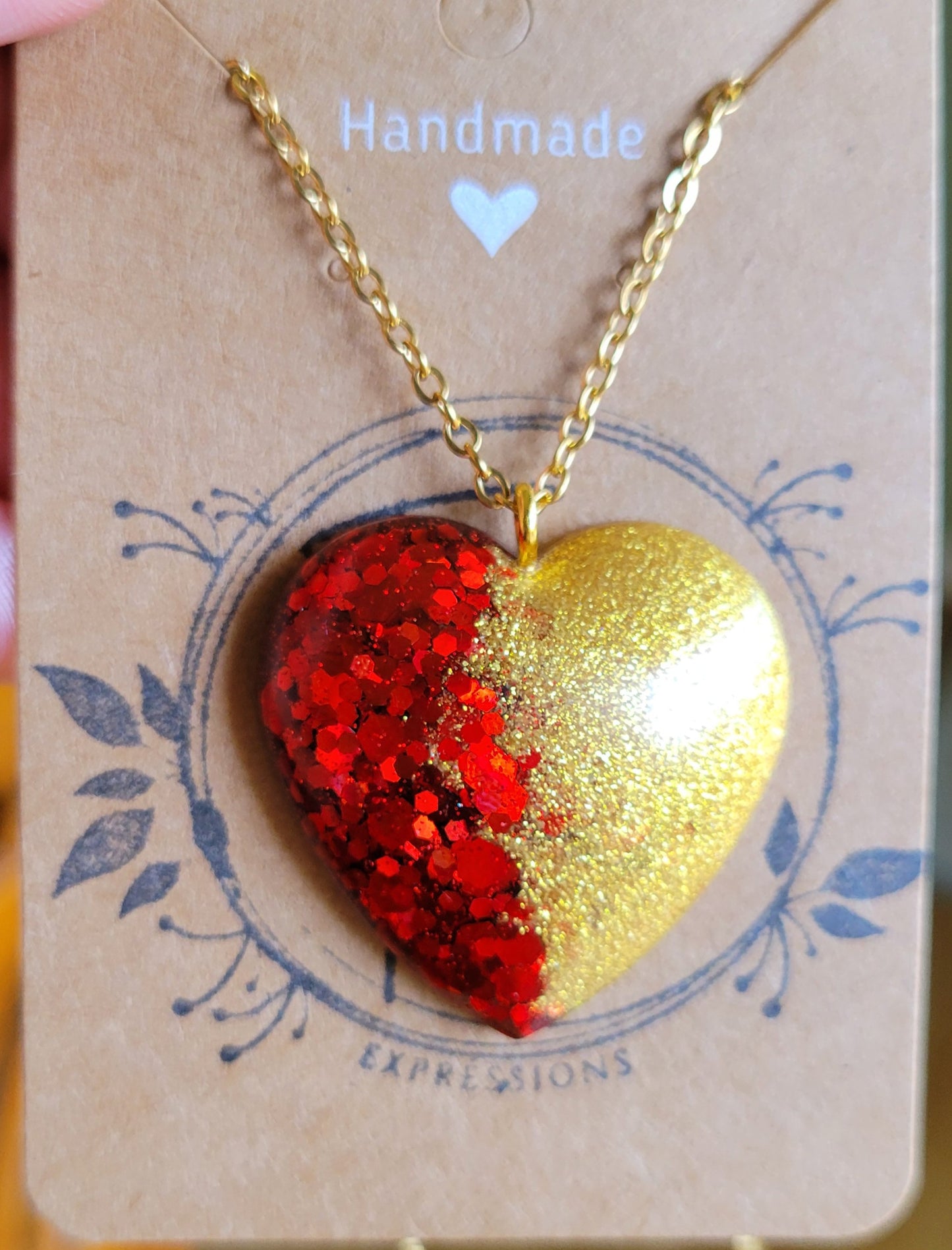 Handmade Sparkling Red and Gold Heart Pendant with Gold 20 Inch Necklace Chain