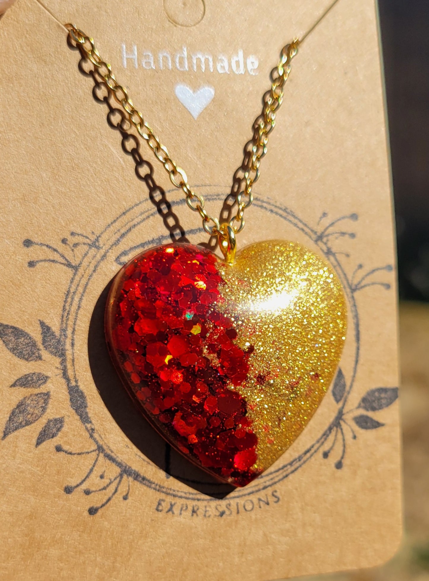Handmade Sparkling Red and Gold Heart Pendant with Gold 20 Inch Necklace Chain