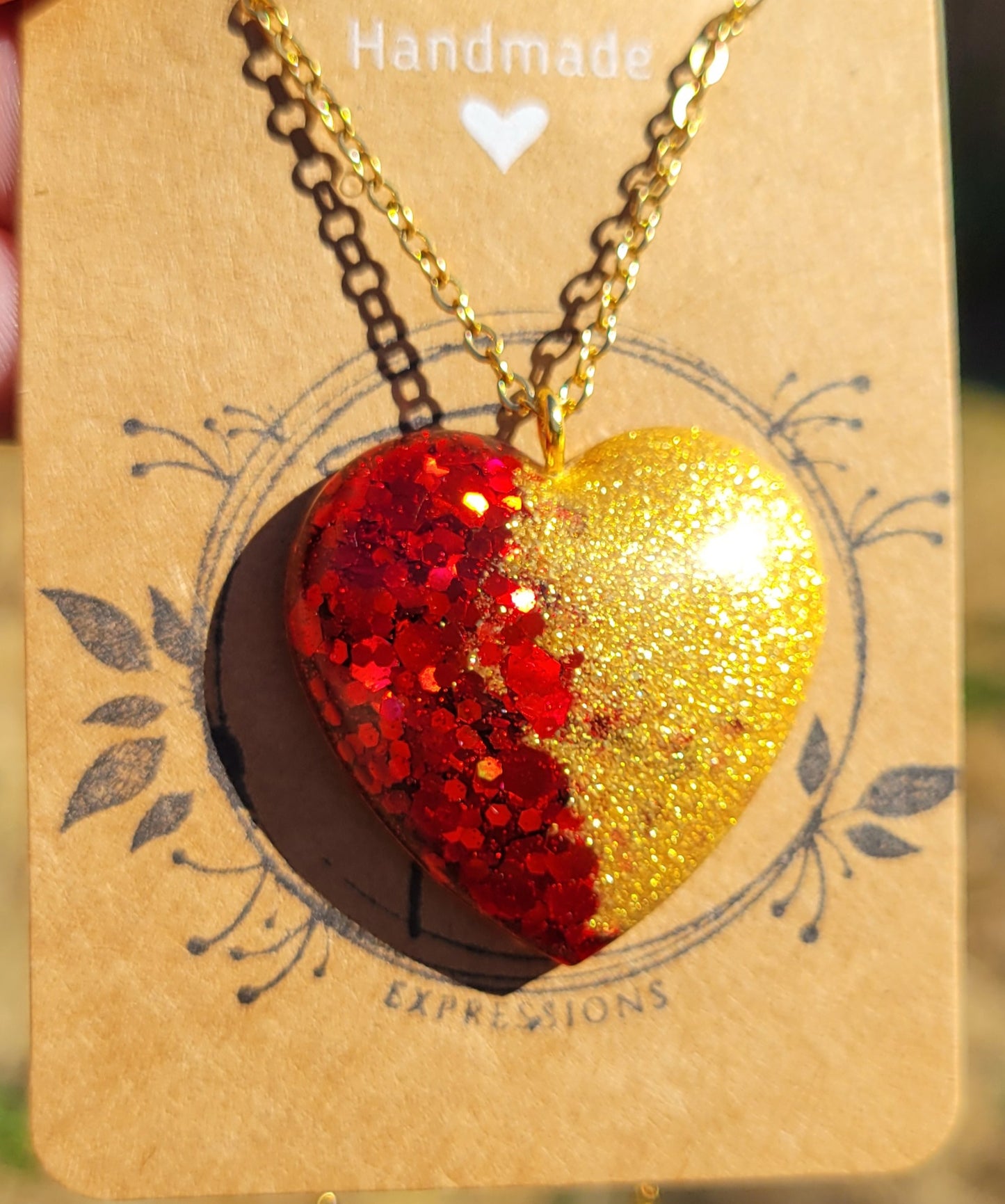 Handmade Sparkling Red and Gold Heart Pendant with Gold 20 Inch Necklace Chain