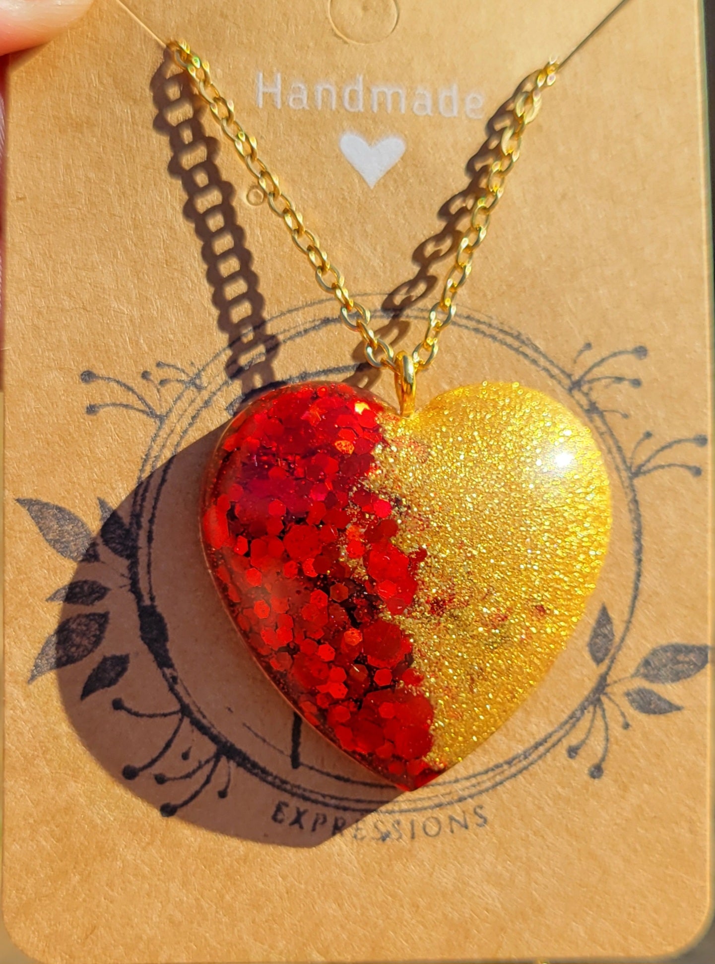 Handmade Sparkling Red and Gold Heart Pendant with Gold 20 Inch Necklace Chain