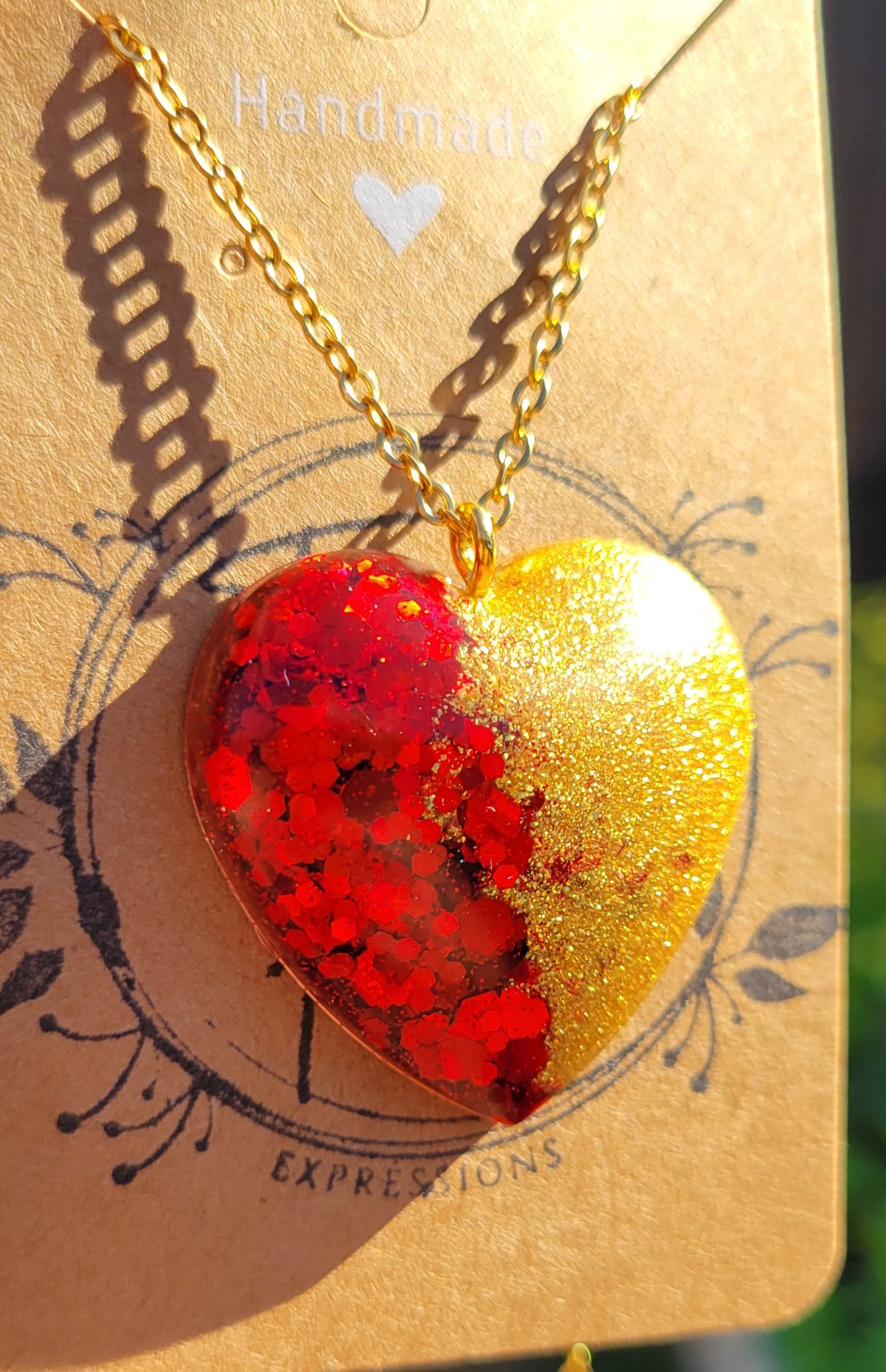 Handmade Sparkling Red and Gold Heart Pendant with Gold 20 Inch Necklace Chain