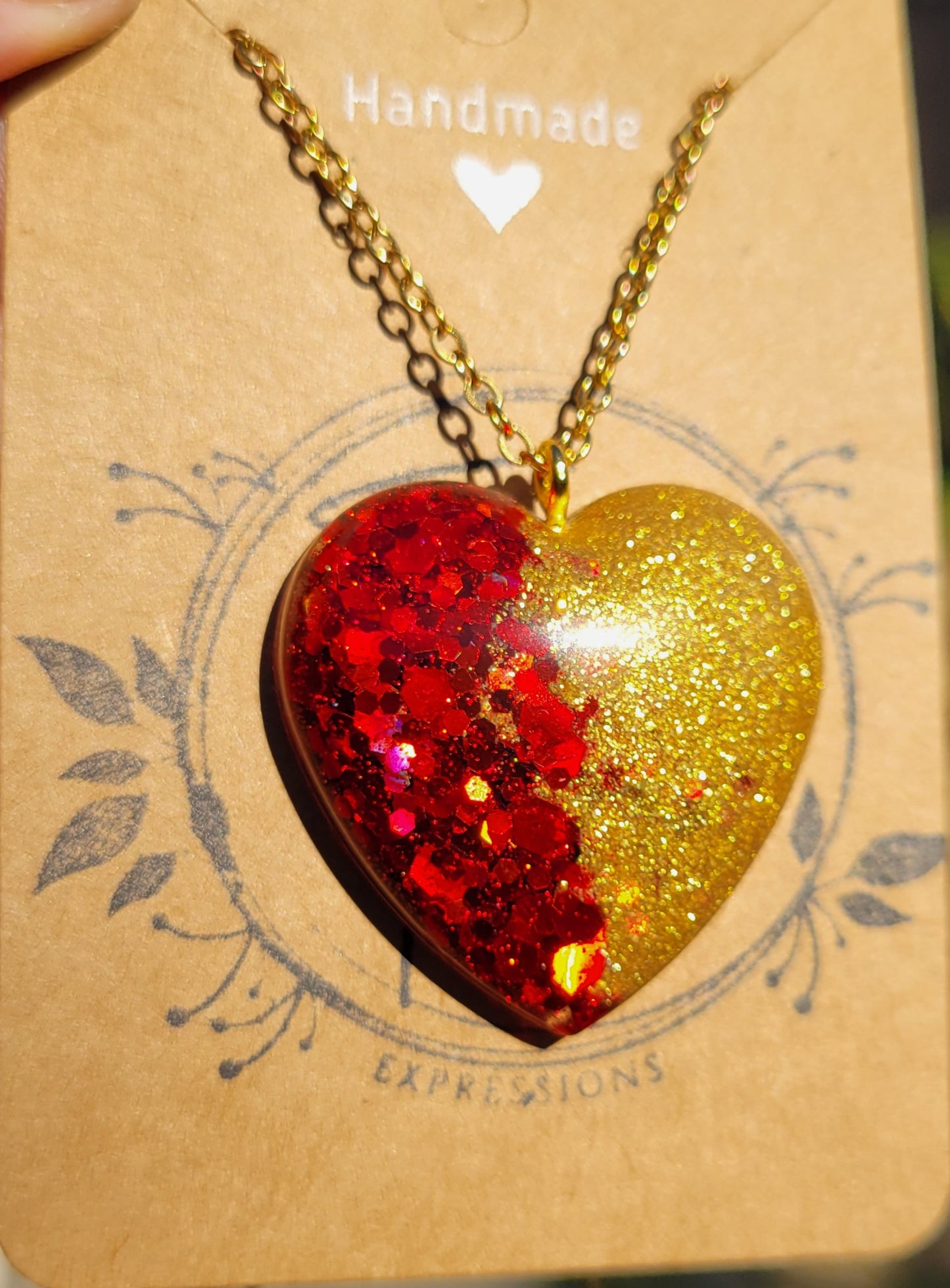 Handmade Sparkling Red and Gold Heart Pendant with Gold 20 Inch Necklace Chain