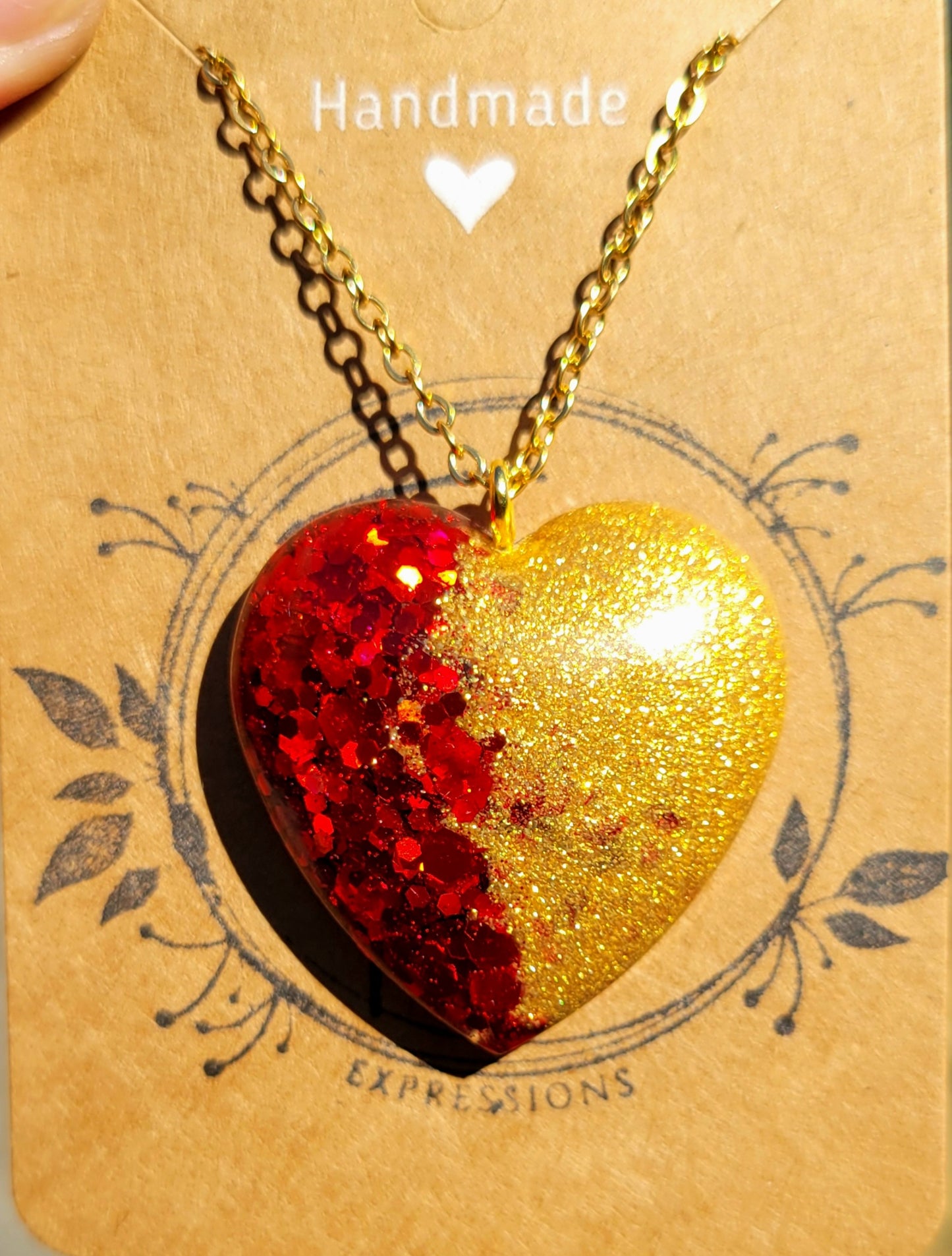 Handmade Sparkling Red and Gold Heart Pendant with Gold 20 Inch Necklace Chain
