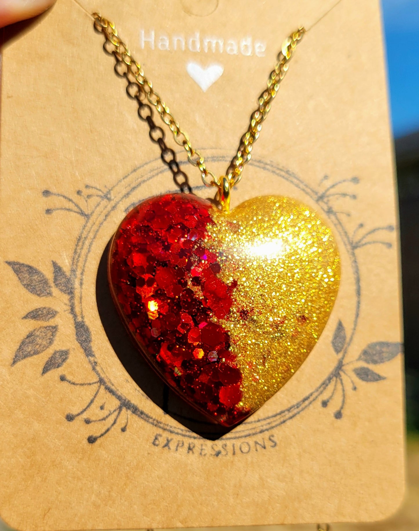 Handmade Sparkling Red and Gold Heart Pendant with Gold 20 Inch Necklace Chain