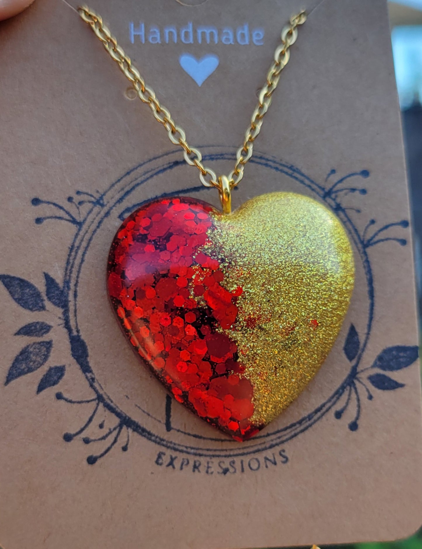 Handmade Sparkling Red and Gold Heart Pendant with Gold 20 Inch Necklace Chain