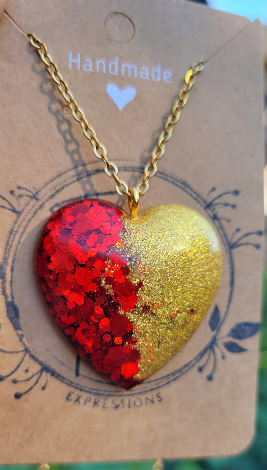 Handmade Sparkling Red and Gold Heart Pendant with Gold 20 Inch Necklace Chain