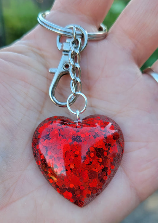 Handmade Sparkling Red Heart Pendant on Silver Keychain