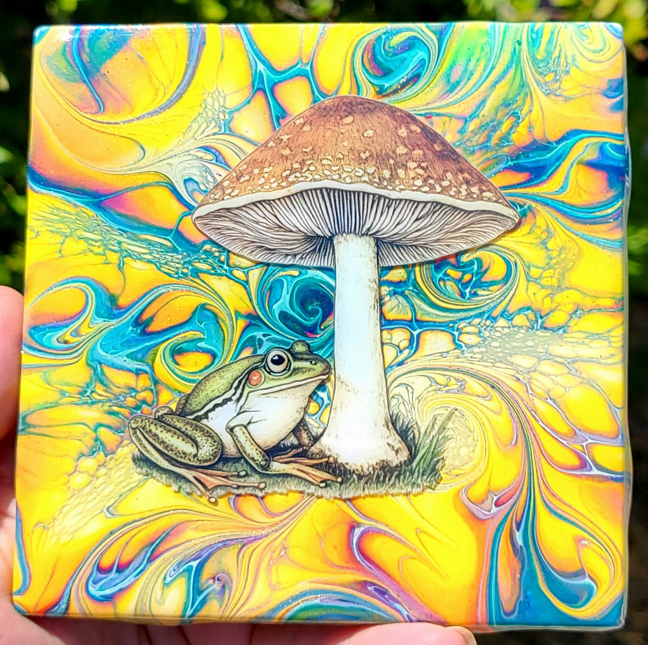Fluid Art Bloom on a 4.25 inch Tile/Coaster with Cork Bottom