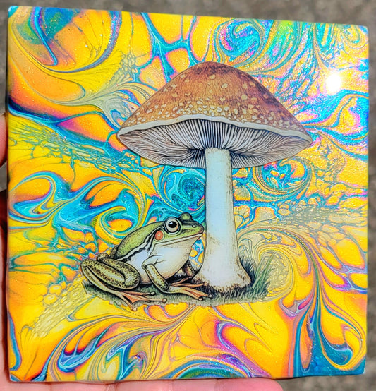 Fluid Art Bloom on a 4.25 inch Tile/Coaster with Cork Bottom