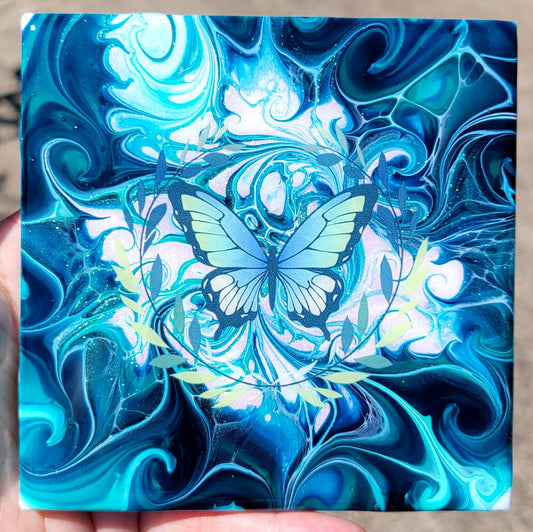 Fluid Art Bloom on a 4.25 inch Tile/Coaster with Cork Bottom
