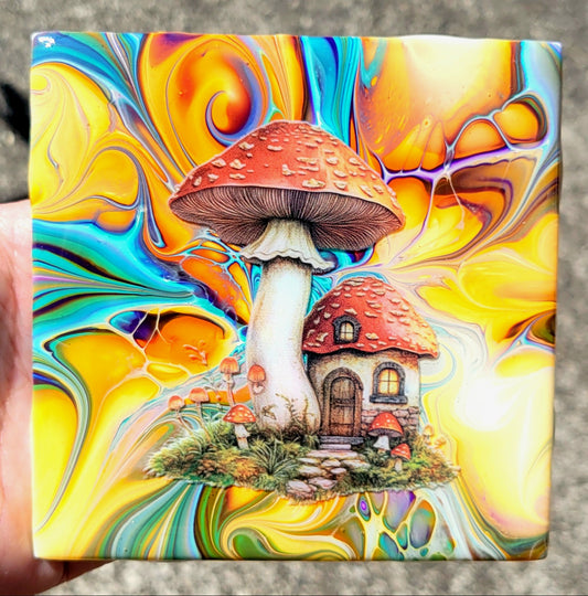 Fluid Art Bloom on a 4.25 inch Tile/Coaster with Cork Bottom
