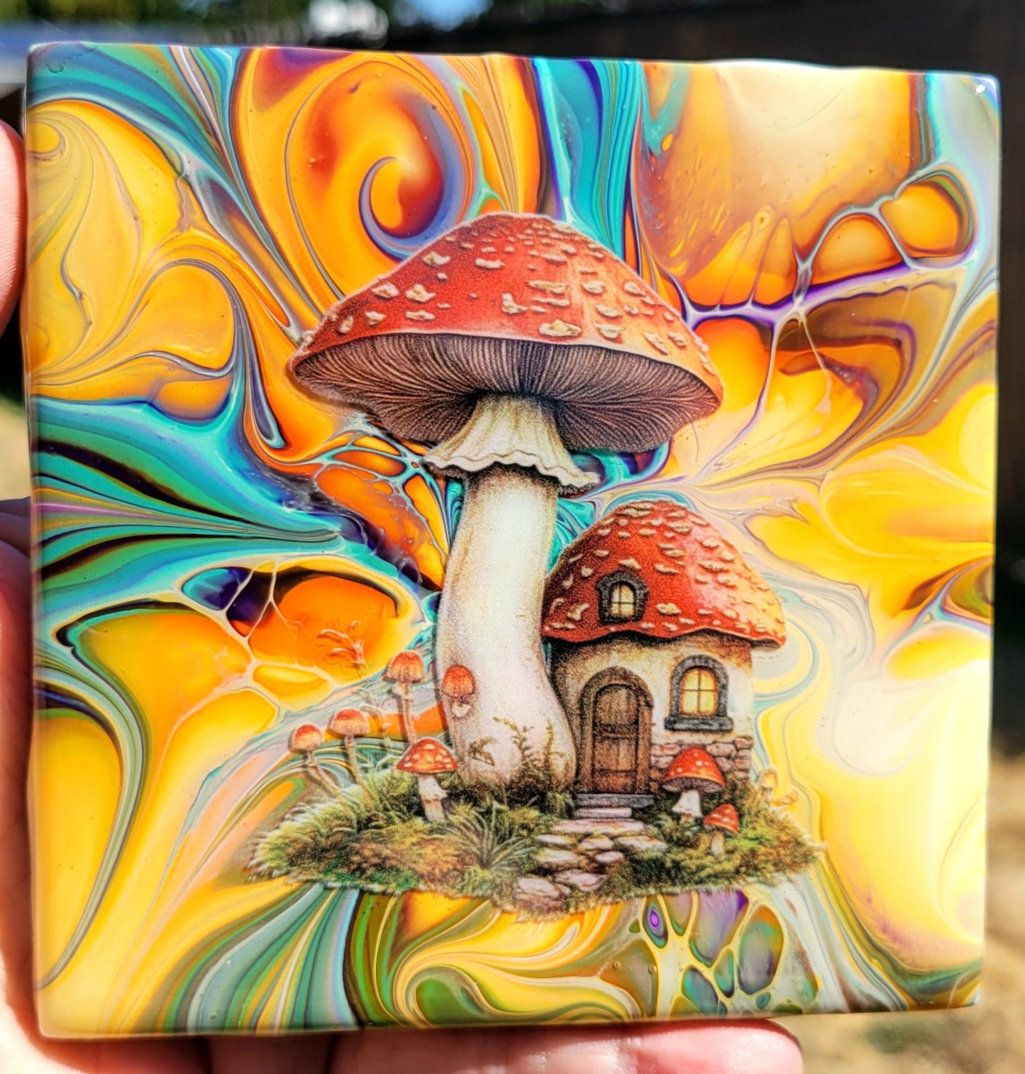 Fluid Art Bloom on a 4.25 inch Tile/Coaster with Cork Bottom