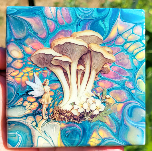 Fluid Art Bloom on a 4.25 inch Tile/Coaster with Cork Bottom