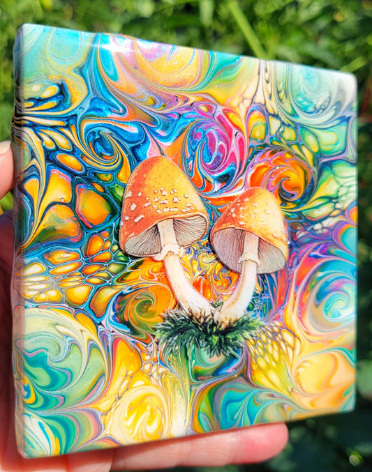 Fluid Art Bloom on a 4.25 inch Tile/Coaster with Cork Bottom