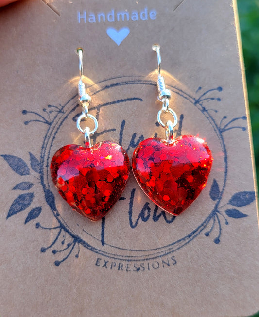 Handmade Sparkling Red Heart Earrings on Silver Hooks