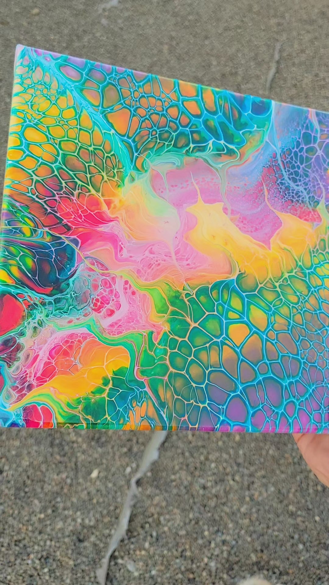 14x14 Acrylic pour on sale canvas, Fluid art, Acrylic flow art, Wall decor: Rainbow Slide