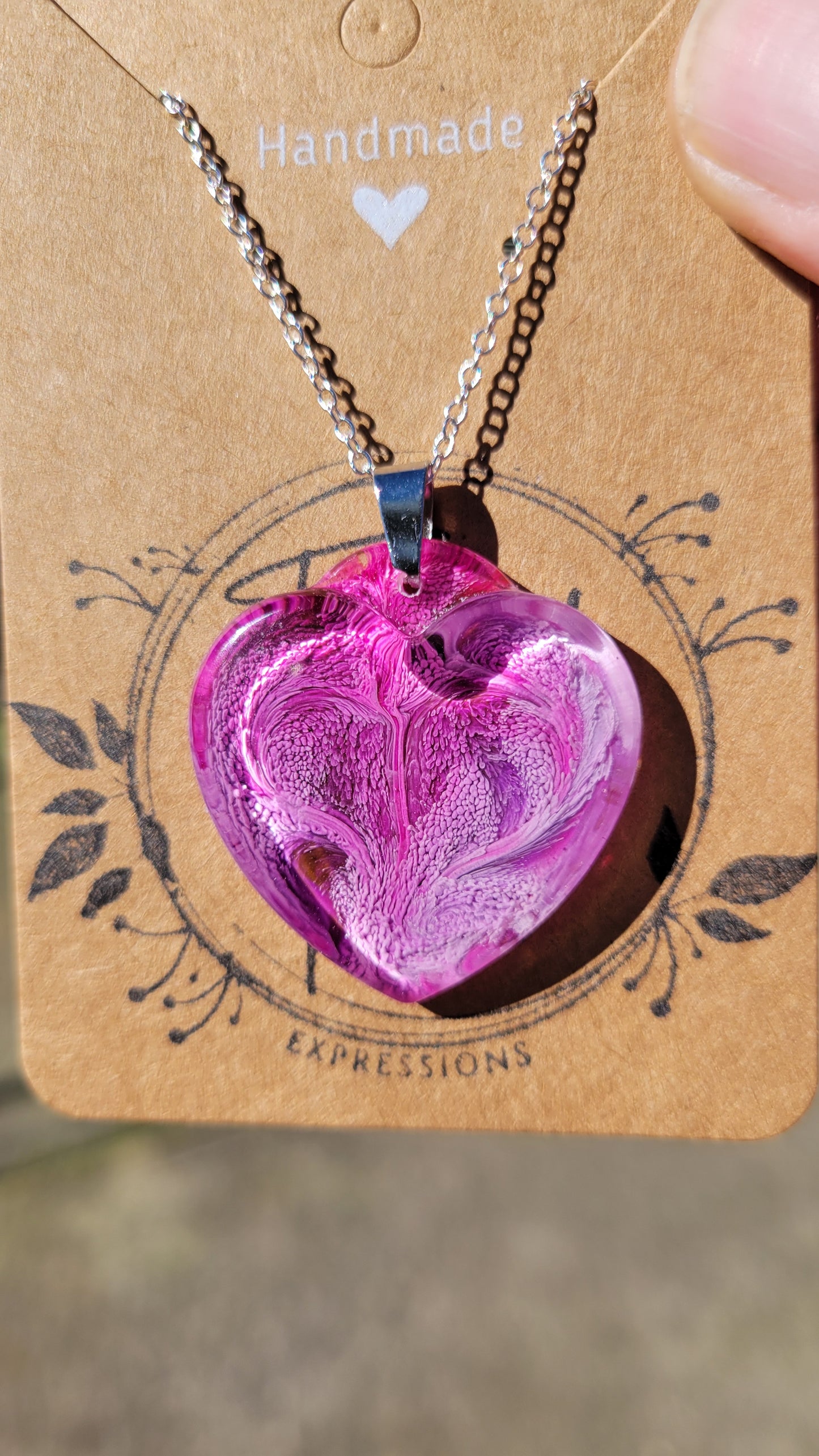 Handmade Resin Art Heart Pendant with Silver Plated Necklace.